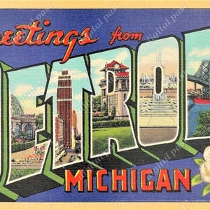 DETROIT große Buchstaben Vintage Postkarte - INSTANT DOWNLOAD - Retro-Postkarte Bild, Art-Deco-Design, Vintage Michigan, Grüße aus detroit mi