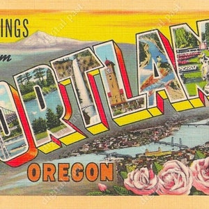 Image de carte postale rétro grande lettres Vintage carte postale - INSTANT DOWNLOAD - PORTLAND Oregon, art déco, salutations de portland. 1930s 1940s