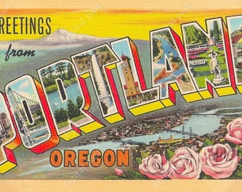 PORTLAND Oregon Stora bokstäver Vintagevykort - DIREKT NEDLADDNING - retrovykortsbild, art déco, hälsningar från Portland. 1930-talet 1940-talet