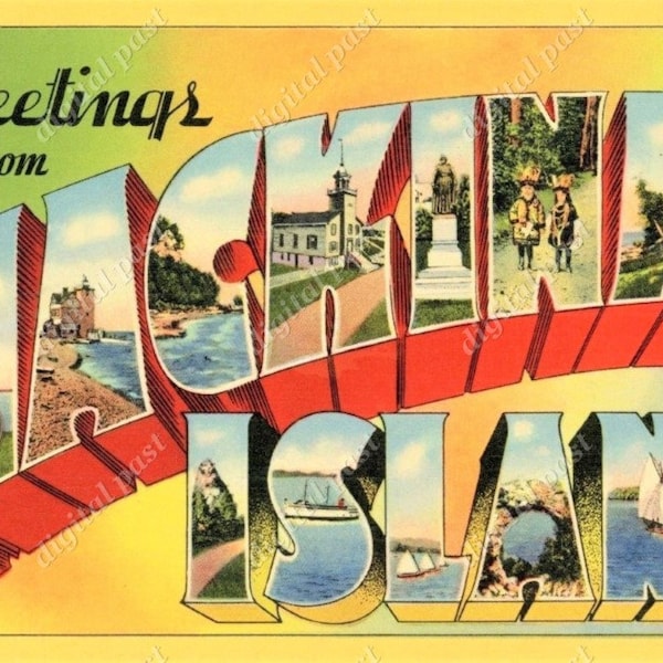 MACKINAC ISLAND Big Letters Vintage Postcard - INSTANT Download - vintage mackinac island print, greetings from mackinac island michigan