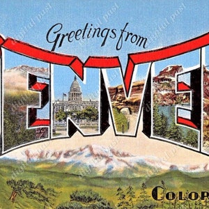Saudações do clipart de cartão postal de DENVER Colorado - DOWNLOAD INSTANTÂNEO - cartão postal vintage em letras grandes, cartão postal para impressão. Denver