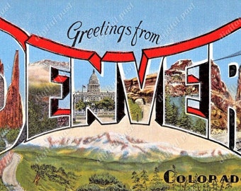 May include: Vintage postcard with a red, white, and blue "Greetings from Denver, Colorado" design. The letters are filled with images of the city's landmarks, including the state capitol building, mountains, and a bridge.