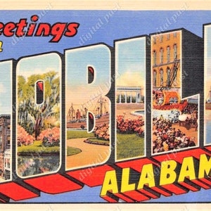 Saluti da MOBILE Alabama - immagine clipart cartolina vintage - DOWNLOAD IMMEDIATO - cartolina retrò grande lettera, download cartolina stampabile