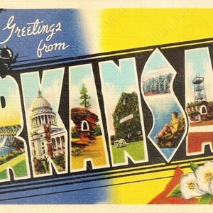 ARKANSAS Large Letters Printable Postcard - INSTANT DOWNLOAD - retro postcard image, greetings from arkansas clipart, arkansas printable