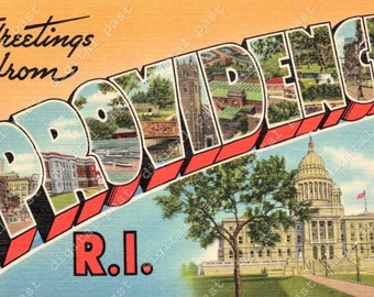 Saluti da immagine cartolina PROVIDENCE Rhode Island ~ DIGITAL DOWNLOAD ~ cartolina dell'annata di rhode island, cartolina retro lettere grandi