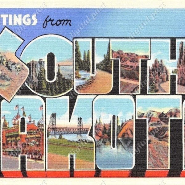 Greetings From South Dakota vintage postcard - INSTANT DOWNLOAD - antique printable art deco big letters postcard, large letter postcard