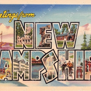 Greetings From New Hampshire vintage postcard - INSTANT DOWNLOAD - antique printable 1930s art deco big letters postcard, nh skiing ski snow