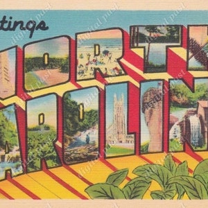 Cartão postal vintage Saudações da Carolina do Norte - DOWNLOAD INSTANTÂNEO - cartão postal antigo para impressão em letras grandes de 1940, cartão postal nc, plantas de tabaco