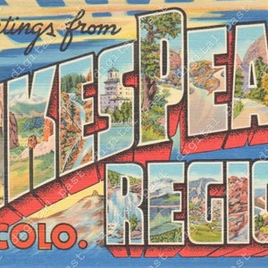Greetings from Pikes Peak Region, Colorado postcard image ~ DIGITAL DOWNLOAD ~ vintage colorado postcard, pikes peak postcard download