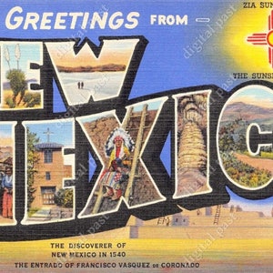 Saudações do clipart de cartão postal do Novo México - DOWNLOAD INSTANTÂNEO - cartão postal vintage com letras grandes, cartão postal para impressão, índios nativos americanos