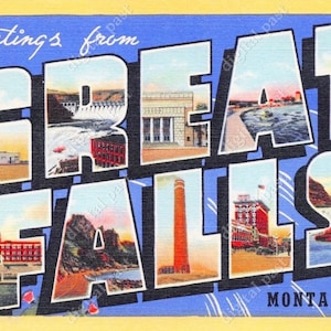 Greetings from Great Falls Montana - vintage postcard clipart image - INSTANT DOWNLOAD - retro large letter postcard, printable postcard