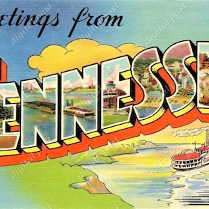 Cartão postal vintage Saudações do Tennessee - DOWNLOAD INSTANTÂNEO - cartão postal antigo para impressão em letras grandes dos anos 1930, clipart de barco a vapor, arte tn