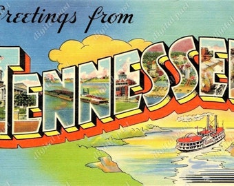 Salutations From Tennessee carte postale vintage - INSTANT DOWNLOAD - antique imprimable cartes postale de grandes lettres des années 1930, clipart bateau à vapeur, tn art