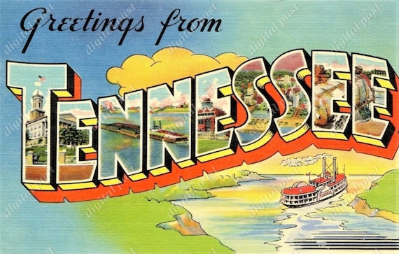 Greetings From Tennessee vintage postcard - INSTANT DOWNLOAD - antique printable 1930s big letters postcard, steamboat clipart, tn art