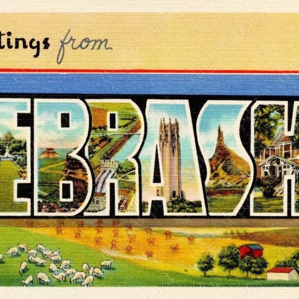 Greetings from NEBRASKA printable postcard ~ DIGITAL DOWNLOAD ~ vintage nebraska postcard image, large letters postcard, postcard print