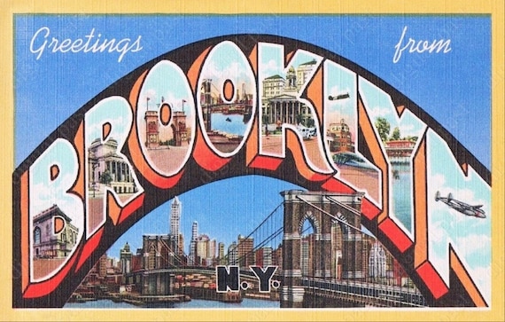 BROOKLYN New York Big Letters Vintage Postcard - INSTANT DOWNLOAD - retro postcard image art deco greetings from brooklyn ny nyc 1930s 1940s