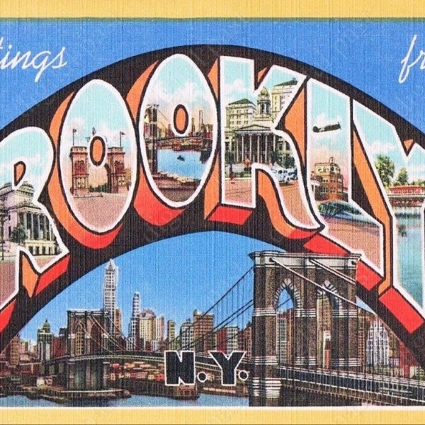 BROOKLYN New York Big Letters Vintage Postcard - INSTANT DOWNLOAD - retro postcard image art deco greetings from brooklyn ny nyc 1930s 1940s