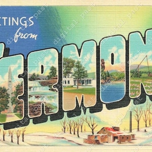 Cartão postal vintage Saudações de Vermont - DOWNLOAD INSTANTÂNEO - antigo para impressão art déco dos anos 1930, cartão postal com letras grandes - neve vt cênica