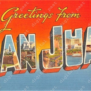 Saudações da imagem do cartão postal de San Juan ~ DOWNLOAD DIGITAL ~ cartão postal vintage de san juan clipart, cartão postal para impressão de san juan porto rico