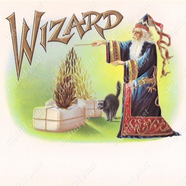 WIZARD vintage cigar label art ~ DIGITAL DOWNLOAD ~ occult clip art, black cat magic wand, warlock cape, sorcerer, antique cigar box clipart