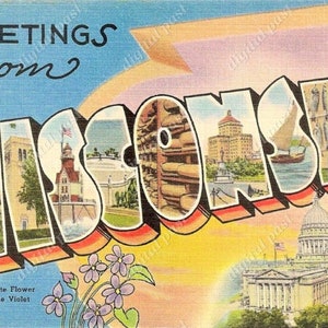Cartolina d'epoca saluti da Wisconsin - INSTANT DOWNLOAD - stampabile 1940s grandi lettere cartolina, viola del fiore di stato, madison wi antica
