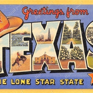 Immagine cartolina di saluti dal TEXAS ~ DOWNLOAD DIGITALE ~ Stato della stella solitaria, cappello da cowboy, cartolina vintage del Texas, cartolina retrò con lettere grandi