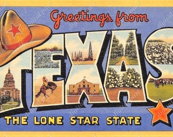Greetings from TEXAS postcard image ~ DIGITAL DOWNLOAD ~ lone star state, cowboy hat, vintage texas postcard, retro large letters postcard