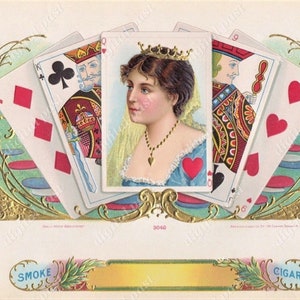 Queen of Hearts antique cigar label art illustration ~ DIGITAL DOWNLOAD ~ 1890s victorian playing cards art, cigar label clipart
