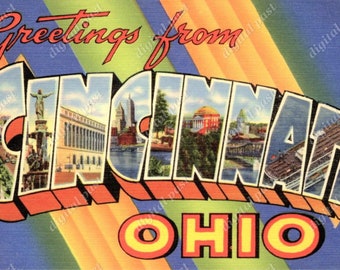 Salutations de CINCINNATI Ohio - image clipart de carte postale vintage - TÉLÉCHARGEMENT INSTANTANÉ - carte postale rétro en grande lettre, carte postale imprimable