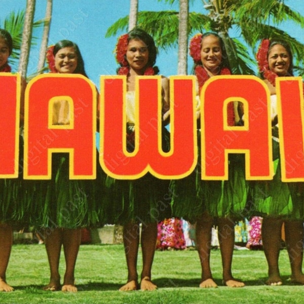 Vintage Hawaii Postcard clipart image - INSTANT DOWNLOAD - hawaiian luau hula girls, hawaii travel postcard download, printable hawaii
