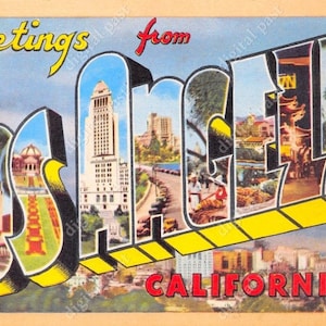 Los ANGELES California Big Letters Vintage Postcard - DOWNLOAD IMMEDIATO - immagine da cartolina retrò, la ca cali, skyline della città, teatro cinese