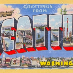 SEATTLE Washington Big Letters carte postale vintage - TÉLÉCHARGEMENT INSTANTANÉ - image de carte postale de vœux rétro, avion antique, vue sur les toits de la ville