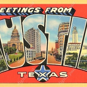 Imagem de clipart de cartão postal digital AUSTIN TEXAS GREETINGS - Download instantâneo - clipart de cartão postal vintage com letras grandes para impressão