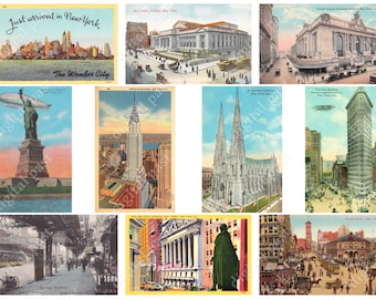 50 NYC PRINTABLE POSTCARDS Set - Instant Download - 50 different vintage New York City postcard images - art deco era nyc postcard downloads