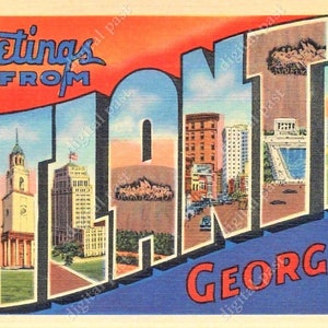 ATLANTA GEORGIA GREETINGS image clipart carte postale numérique - Instant Download - vintage grandes lettres souvenir imprimable clip de carte postale art