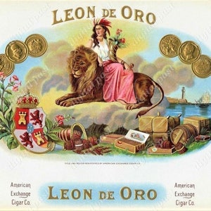 LEON de ORO antique cigar label art - Instant Download, Digital Print - vintage circa 1900, sitting lion with cigar woman