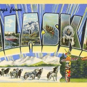 ALASKA Big Letters Vintage Postcard - INSTANT DOWNLOAD - antique printable clip art, totem pole, dog sled, eskimo, art deco