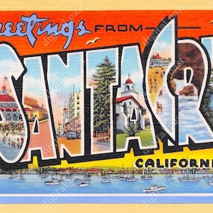 Cartão postal com letras grandes de Santa Cruz Califórnia - INSTANT DOWNLOAD - imagem de clipart, saudações de santa cruz ca, coisas efêmeras digitais, clip art deco