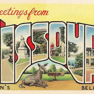 Greetings From Missouri vintage printable postcard - INSTANT DOWNLOAD - antique printable 1930s big letters postcard, donkey postcard