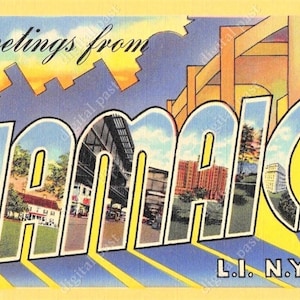 JAMAICA Queens, Long Island, New York - INSTANT DOWNLOAD - large letters postcard clipart, art deco post card, greetings from jamaica ny nyc