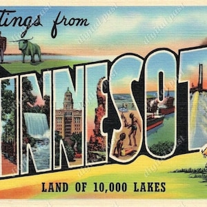 Carte postale vintage Salutations du Minnesota - TÉLÉCHARGEMENT IMMÉDIAT - ancienne carte postale imprimable en grosses lettres des années 1930, pays des 10 000 lacs, éphémère