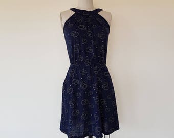Summer dress, blue color dress, sheep full printe, pockets dress, collar, cotton, casual dress, urban, clothing, summer dress, small size,
