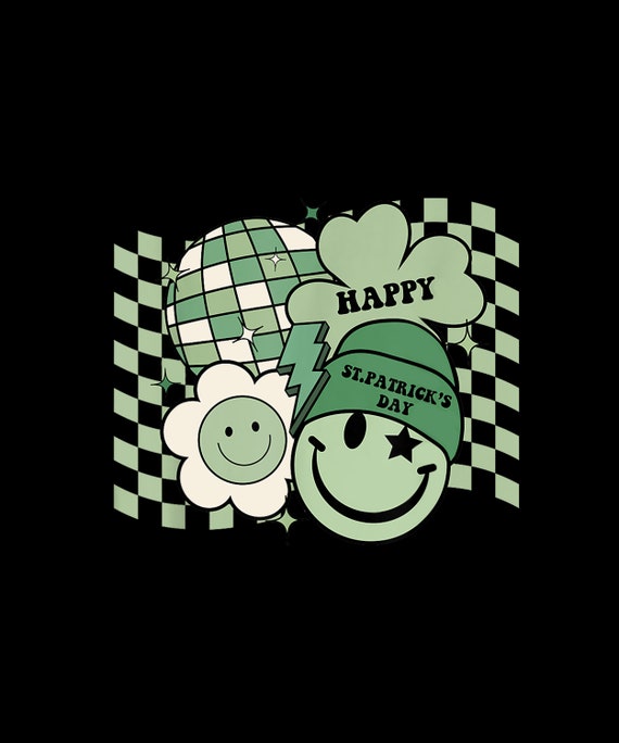 Vintage Groovy Shamrock Smile Face St Patricks Day Hippie Digital PNG