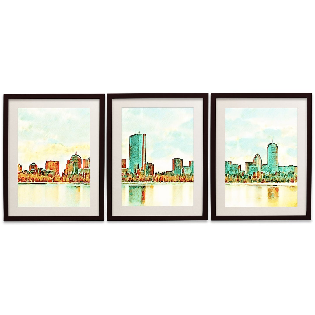 Boston Skyline Watercolor Boston Print Set of 3 Boston Etsy