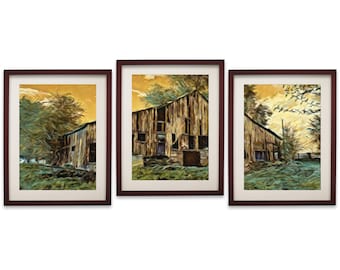 May include: A triptych of three framed wall art prints featuring a rustic wooden barn set against a golden yellow sky and green landscape. Each print is encased in a dark brown frame with a light-colored matting, showcasing a textured painting style.