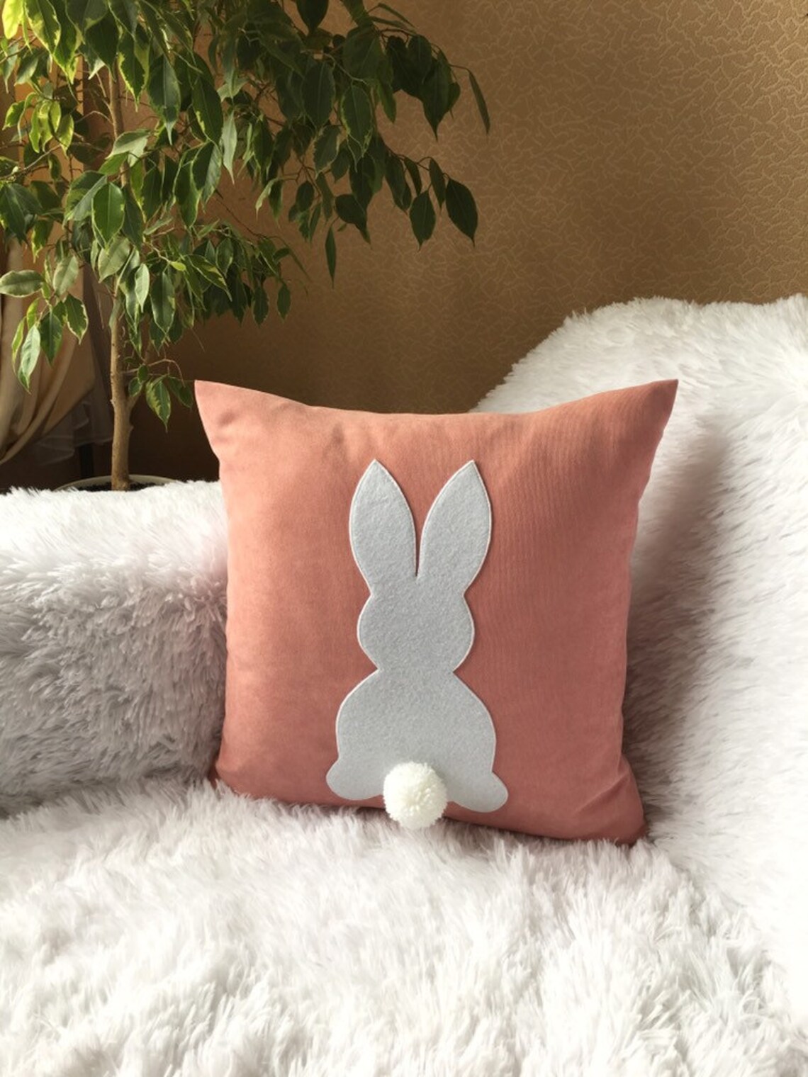Coral rabbit pillow 16x16 fluffy bunny pom pom tail pillow Etsy