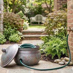 May include: A round, metallic garden hose storage pot with a weathered copper finish and embossed floral patterns. The pot features a removable lid and a side opening for a green garden hose, which connects to a brass outdoor water spigot.