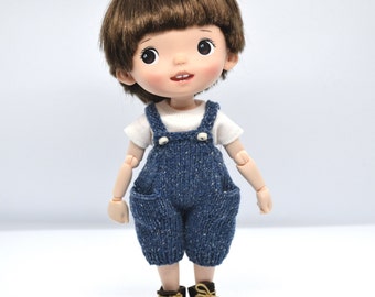 MZZM Holala Doll Knitted Denim Tweed Overalls, Knit 8 inch Hachichi Middie Blythe MZZM Doll Clothes Outfit