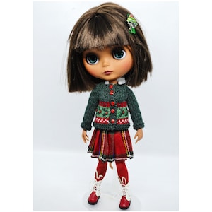 Blythe docka stickad jultröja och kjolset, stickad grönröd outfit för 12 tums docka, BJD-kläder, nyårspresent