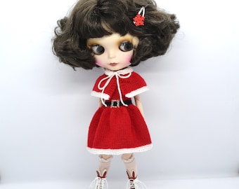 Vestido y capa rojos navideños para muñeca Blythe, conjunto de punto para muñeca Blythe de 30 cm, ropa de punto para muñeca de ayudante de Papá Noel